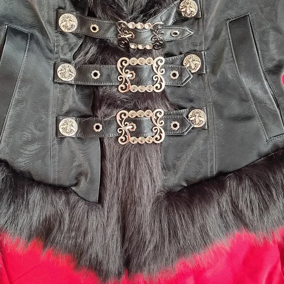 Devil Fashion Gothic Faux Leather Jacket With Faux Fur Trim - Picture 7 of 8